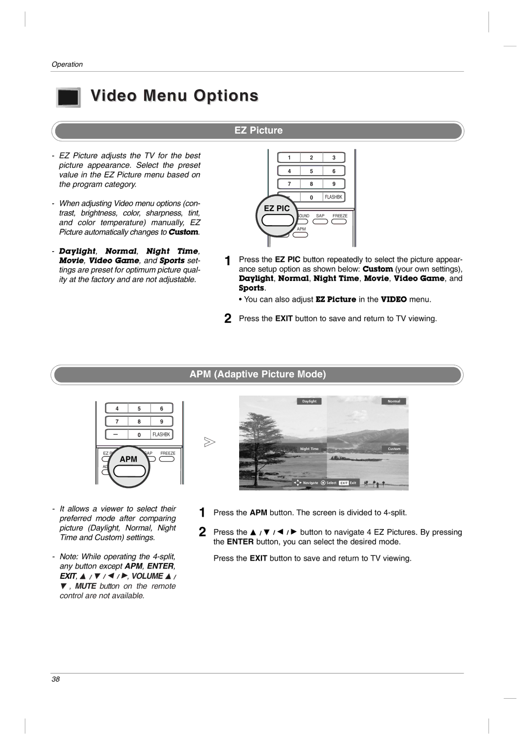 LG Electronics owner manual Video Menu Options, EZ Picture, APM Adaptive Picture Mode, Ez Pic, Apm 