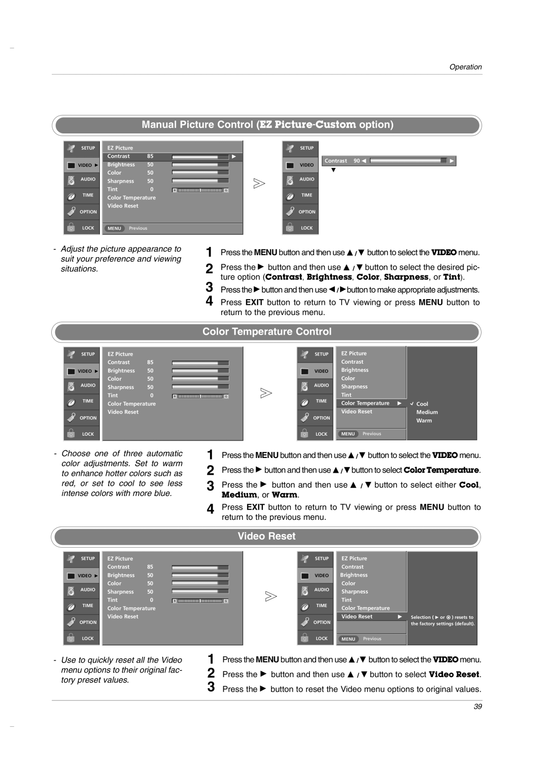 LG Electronics owner manual Manual Picture Control EZ Picture-Customoption, Color Temperature Control, Video Reset 