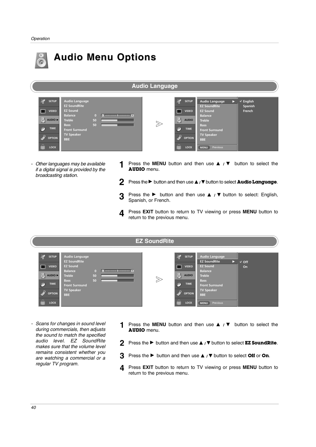 LG Electronics owner manual Audio Menu Options, Audio Language, EZ SoundRite, Spanish, or French 