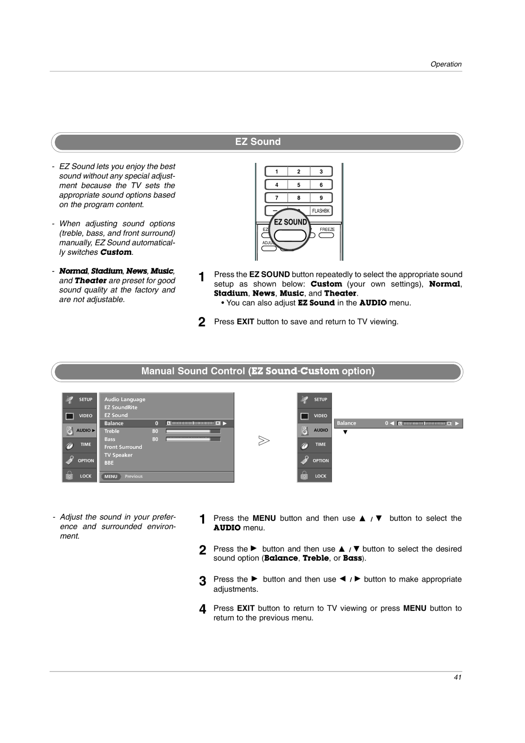 LG Electronics Manual Sound Control EZ Sound-Customoption, Setup as shown Below Custom your own settings, Normal 