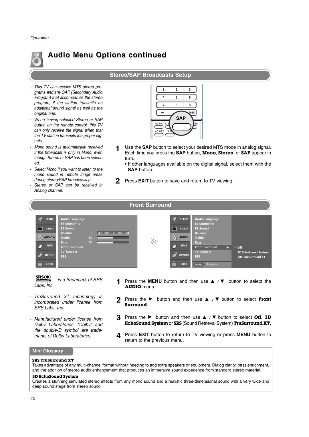 LG Electronics owner manual Stereo/SAP Broadcasts Setup, Front Surround, Sap 