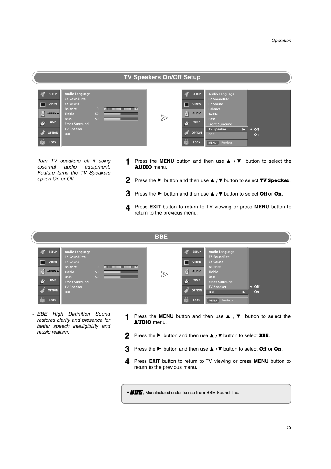 LG Electronics owner manual TV Speakers On/Off Setup, Bbe 