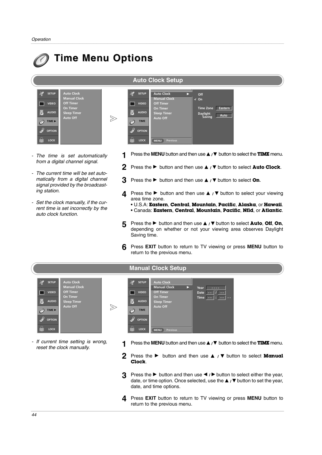 LG Electronics owner manual Time Menu Options, Auto Clock Setup, Press the G button and then use D / E button to select On 