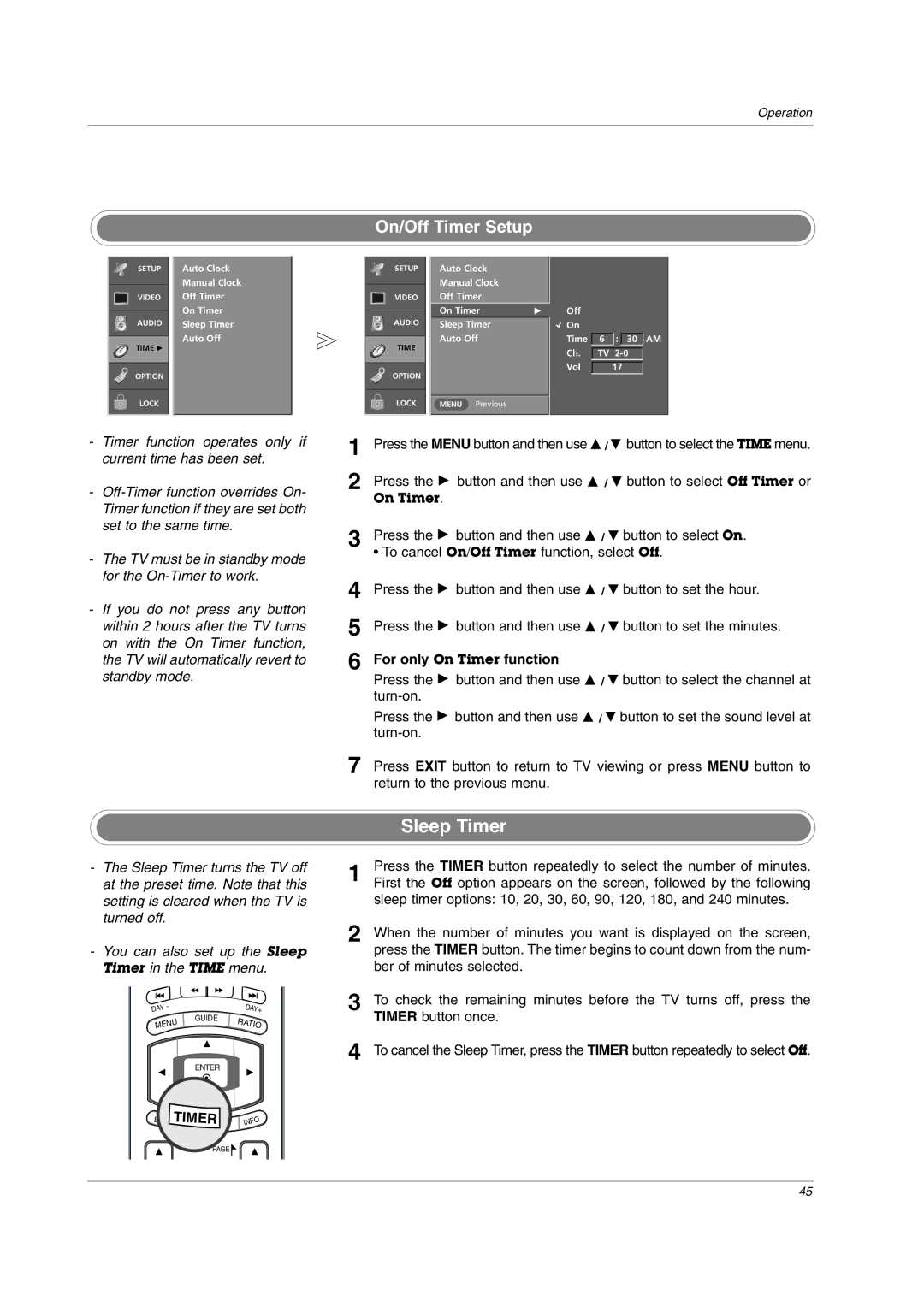 LG Electronics Sleep Timer, On/Off Timer Setup, To cancel On/Off Timer function, select Off, For only On Timer function 