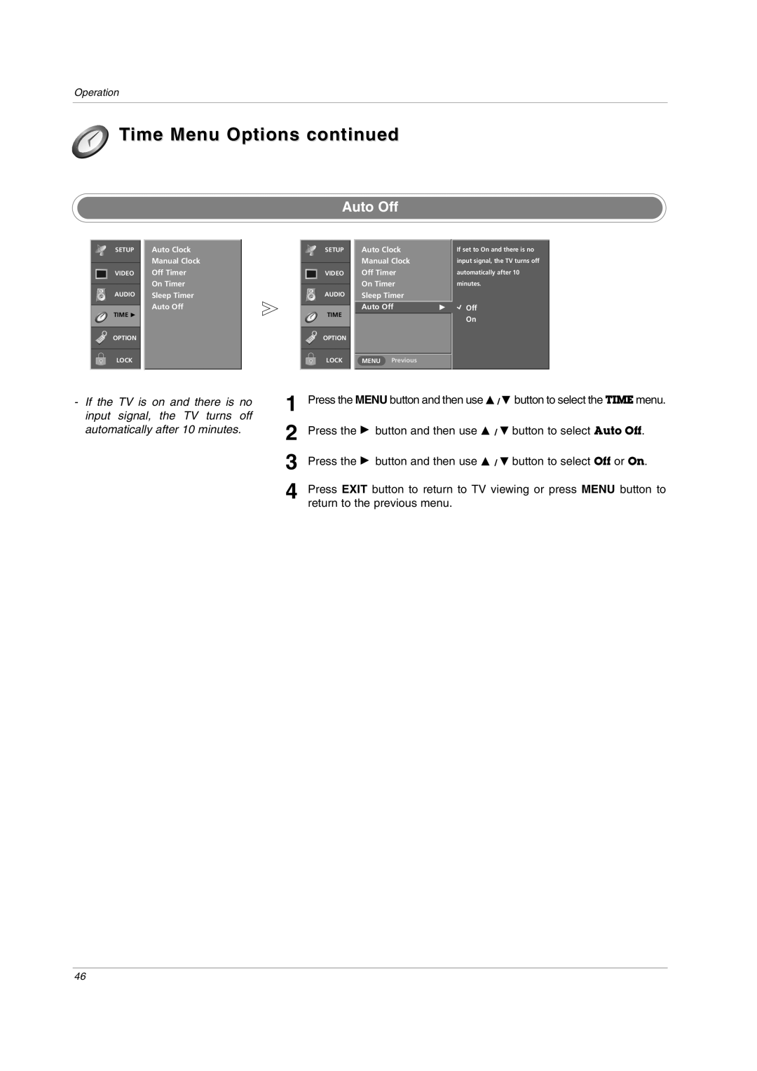 LG Electronics owner manual Time Menu Options, Auto Off 