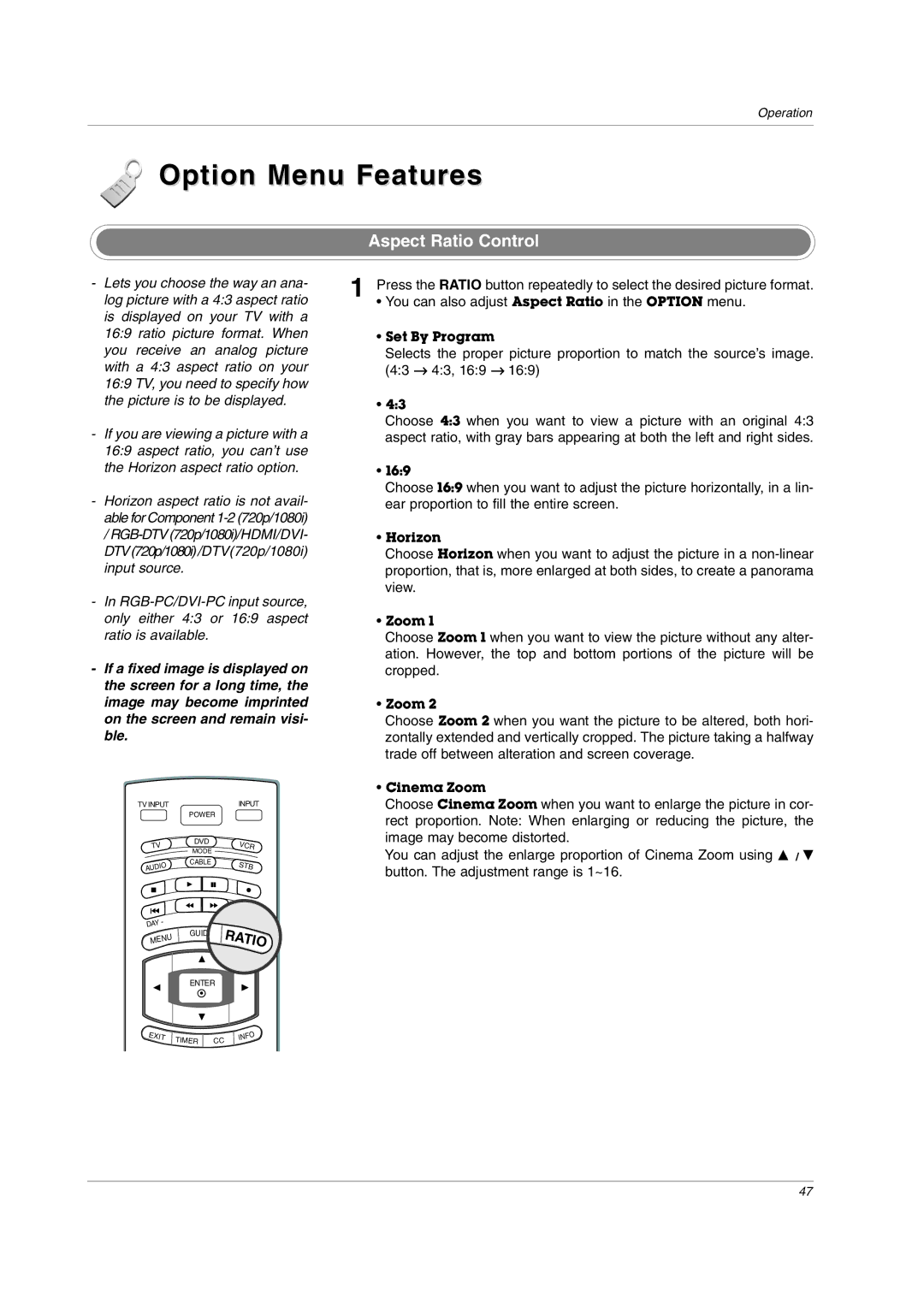 LG Electronics owner manual Option Menu Features, Aspect Ratio Control 