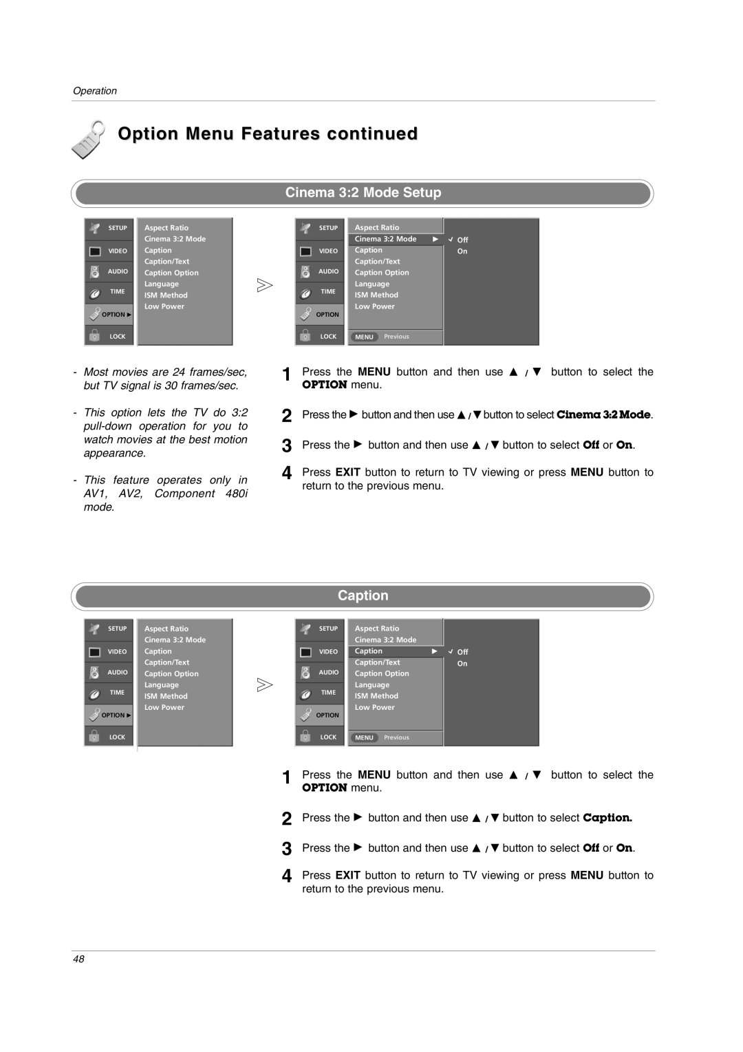 LG Electronics owner manual Cinema 32 Mode Setup, Caption 