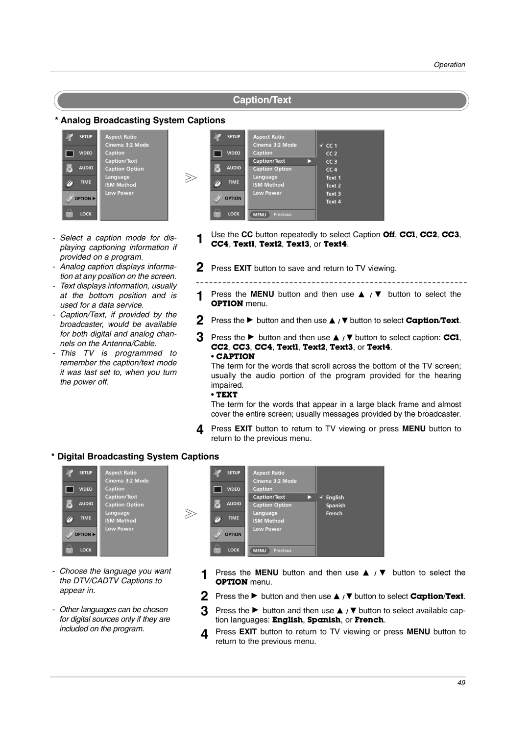 LG Electronics Caption/Text, Analog Broadcasting System Captions, Digital Broadcasting System Captions, Impaired 