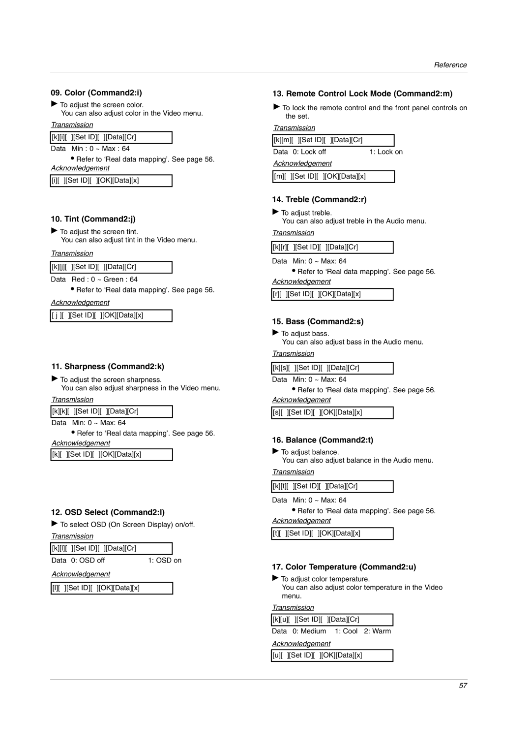 LG Electronics owner manual Color Command2i, Tint Command2j, Sharpness Command2k, OSD Select Command2l, Treble Command2r 