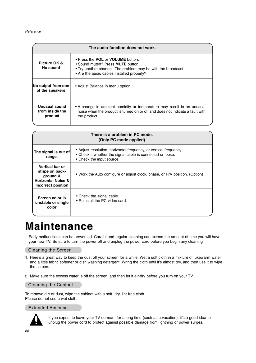 LG Electronics owner manual Audio function does not work, There is a problem in PC mode Only PC mode applied 