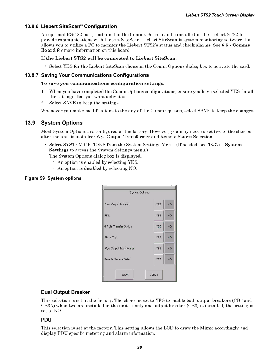 Liebert 100-1000A System Options, Liebert SiteScan Configuration, Saving Your Communications Configurations, Pdu 