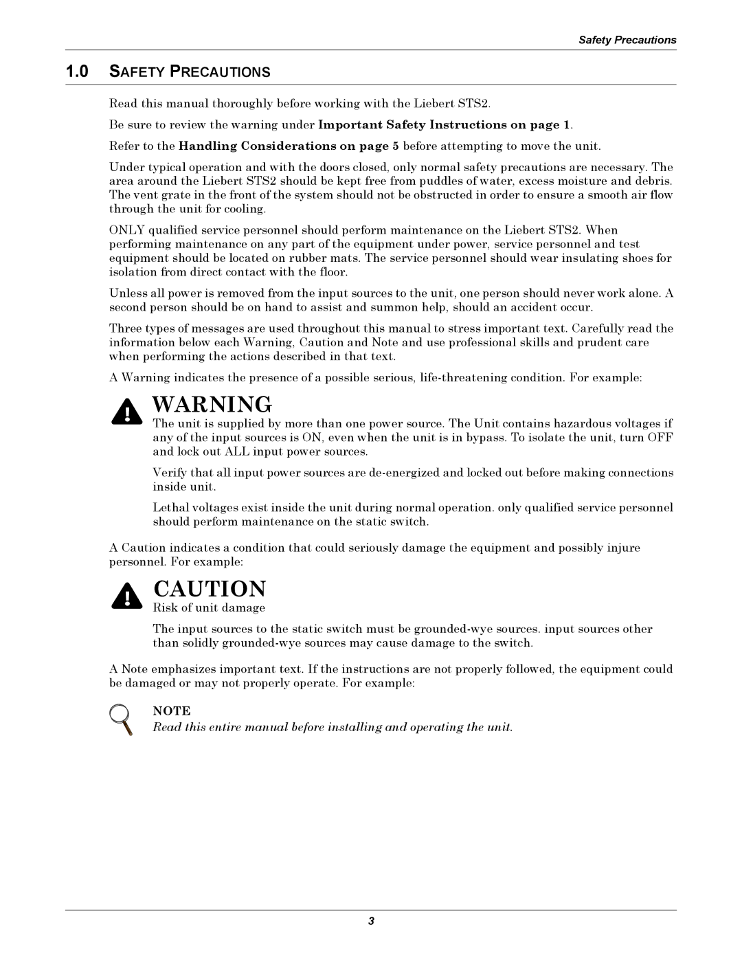 Liebert 100-1000A user manual Safety Precautions 