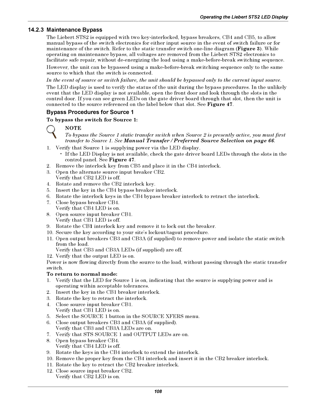 Liebert 100-1000A user manual Maintenance Bypass, Bypass Procedures for Source 