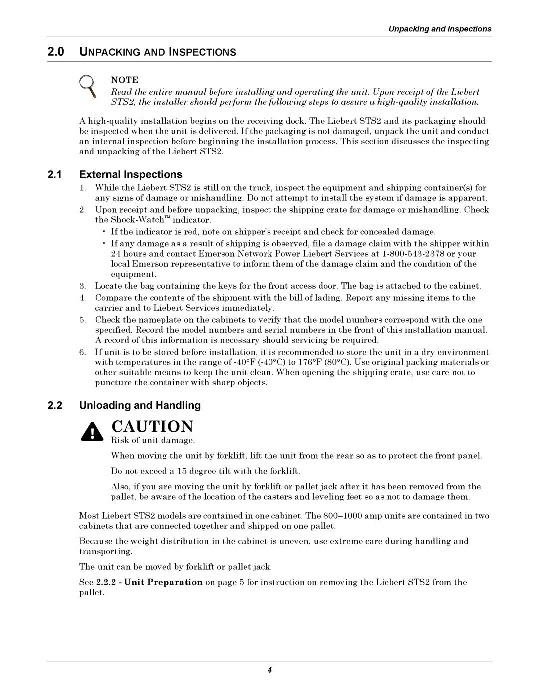 Liebert 100-1000A user manual External Inspections, Unloading and Handling, Unpacking and Inspections 