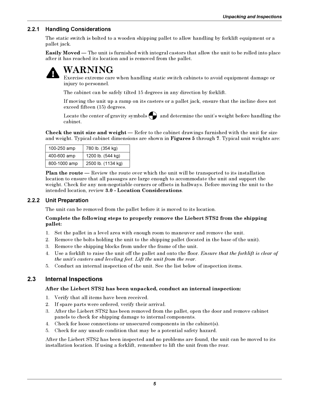 Liebert 100-1000A user manual Internal Inspections, Handling Considerations, Unit Preparation 