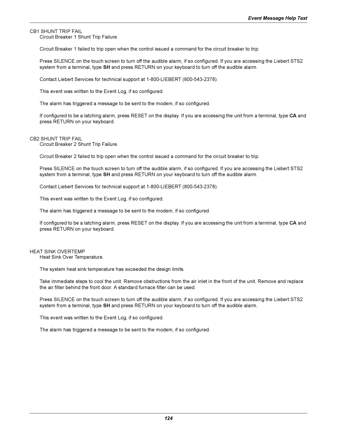 Liebert 100-1000A user manual CB1 Shunt Trip Fail, Heat Sink Overtemp 