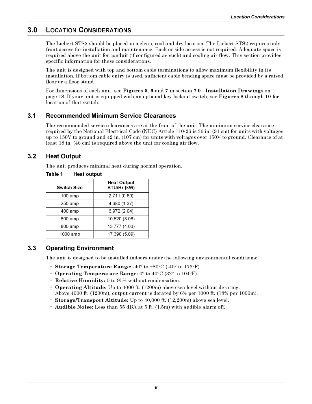 Liebert 100-1000A Recommended Minimum Service Clearances, Heat Output, Operating Environment, Location Considerations 