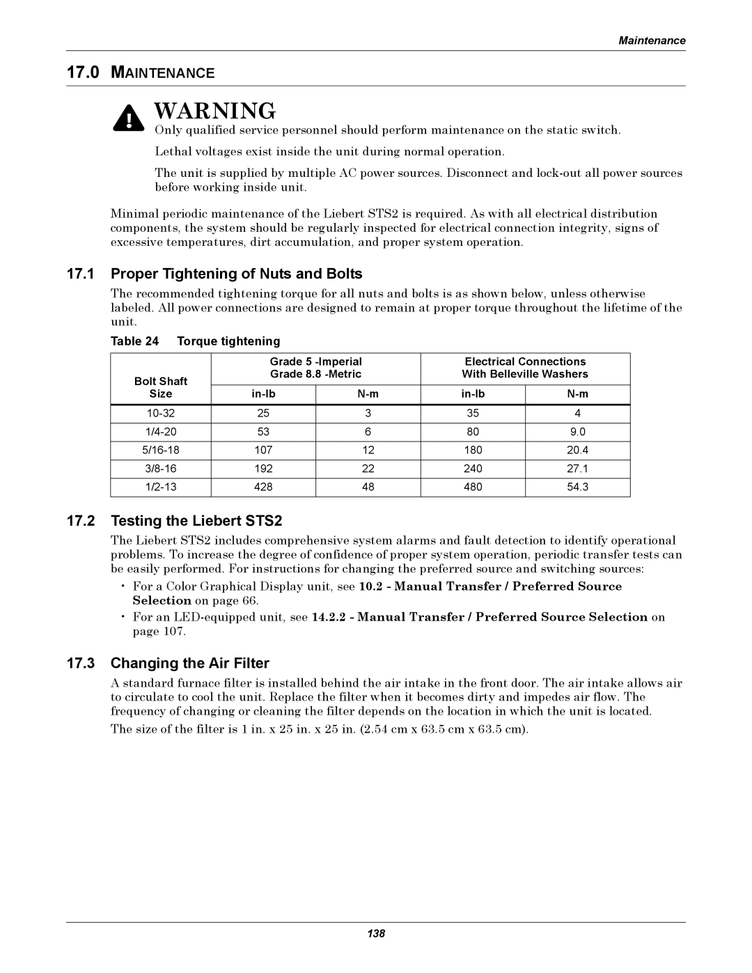 Liebert 100-1000A Proper Tightening of Nuts and Bolts, Testing the Liebert STS2, Changing the Air Filter, Maintenance 