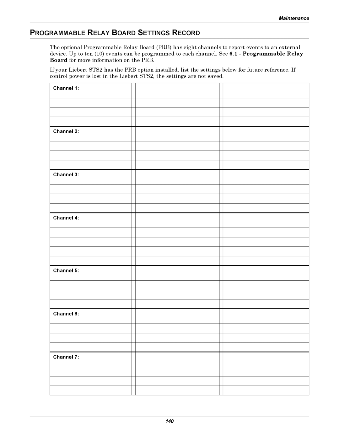Liebert 100-1000A user manual Programmable Relay Board Settings Record, Channel 
