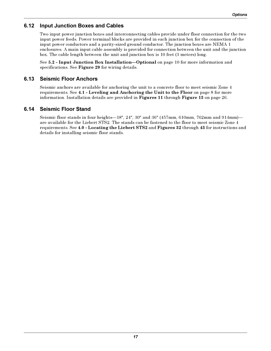 Liebert 100-1000A user manual Input Junction Boxes and Cables, Seismic Floor Anchors, Seismic Floor Stand 