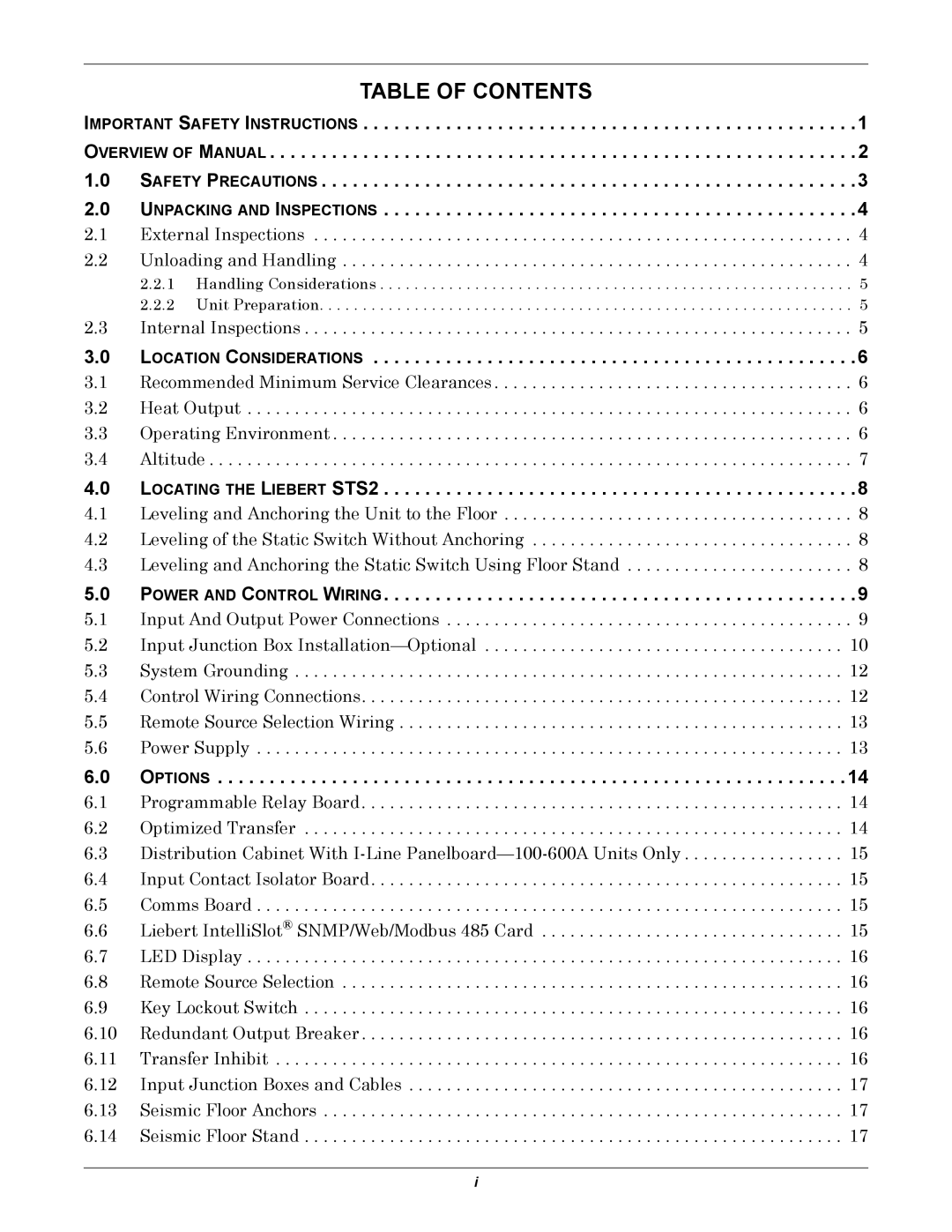 Liebert 100-1000A user manual Table of Contents 