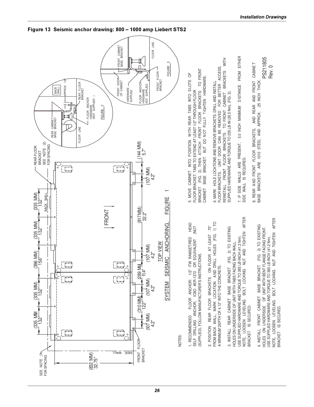 Liebert 100-1000A user manual Front, System Seismic ANCHORING, Figure 