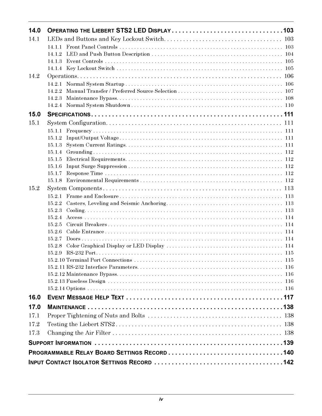 Liebert 100-1000A user manual Specifications, Event Message Help Text 17.0 Maintenance 