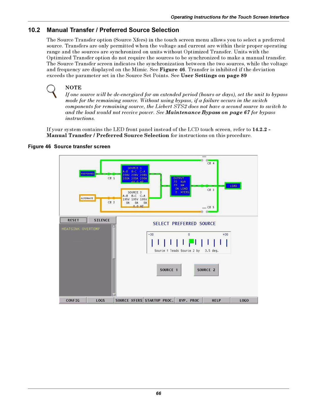 Liebert 100-1000A user manual Manual Transfer / Preferred Source Selection, Source transfer screen 