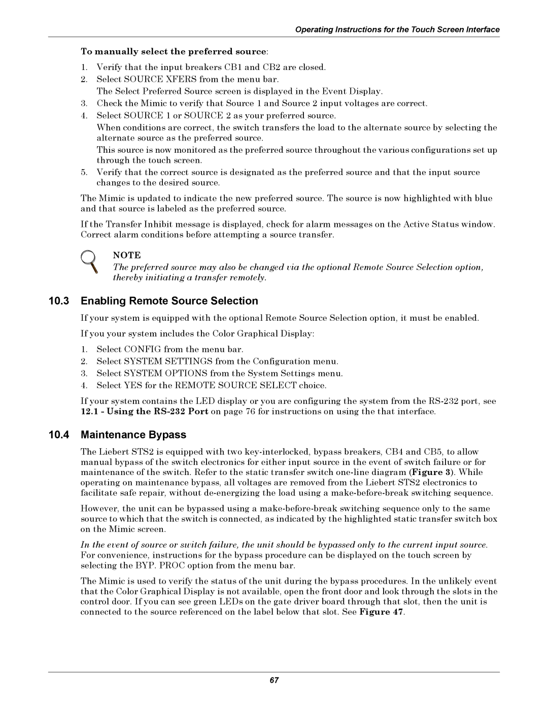 Liebert 100-1000A Enabling Remote Source Selection, Maintenance Bypass, To manually select the preferred source 