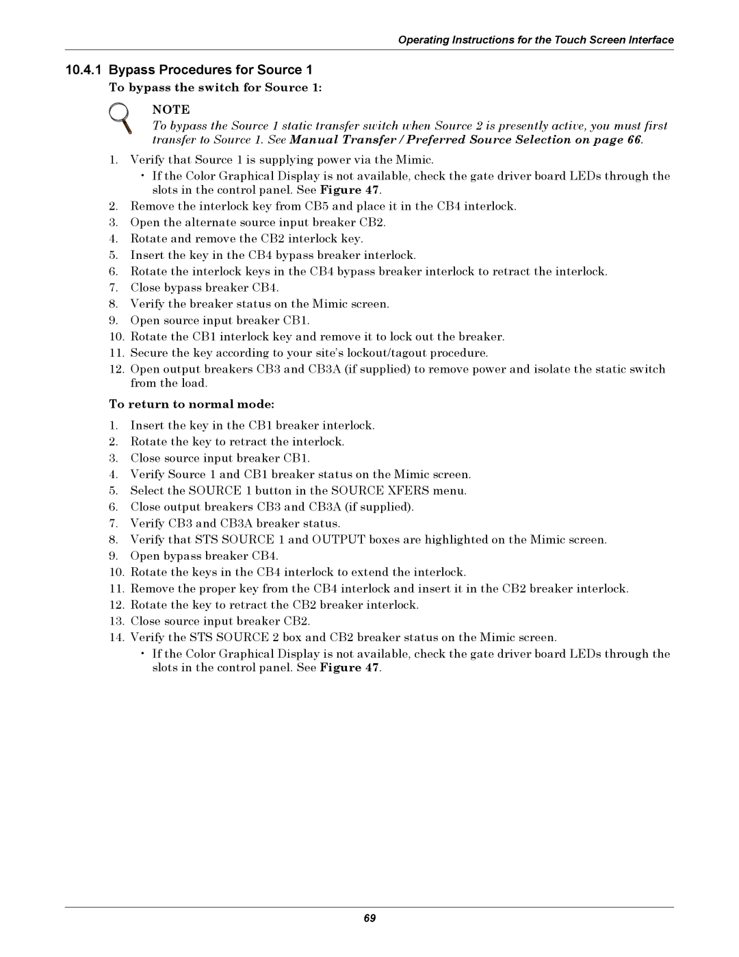 Liebert 100-1000A user manual Bypass Procedures for Source, To bypass the switch for Source, To return to normal mode 