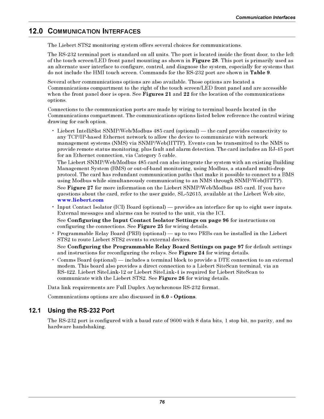 Liebert 100-1000A user manual Using the RS-232 Port, Communication Interfaces 