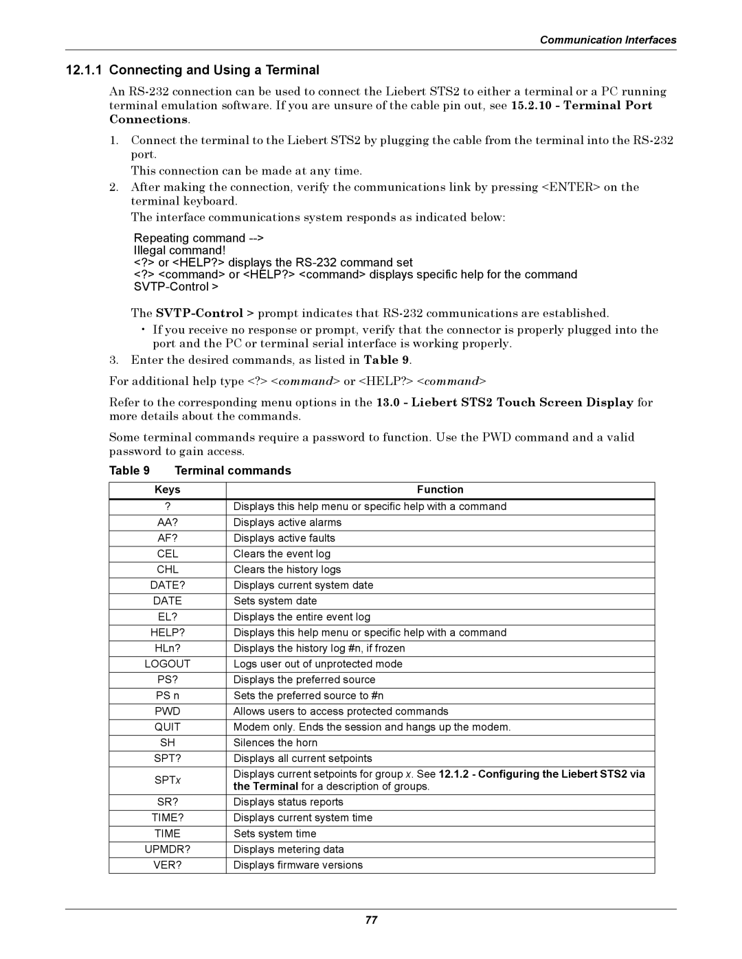 Liebert 100-1000A user manual Connecting and Using a Terminal, Terminal commands, Keys Function 