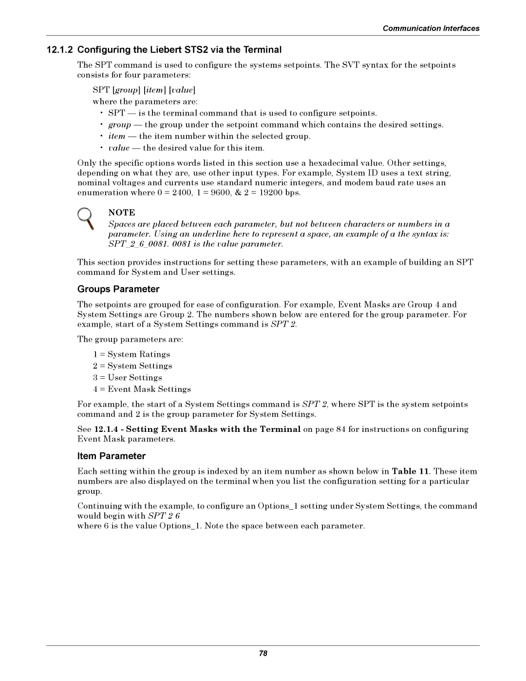 Liebert 100-1000A user manual Configuring the Liebert STS2 via the Terminal, Groups Parameter, Item Parameter 