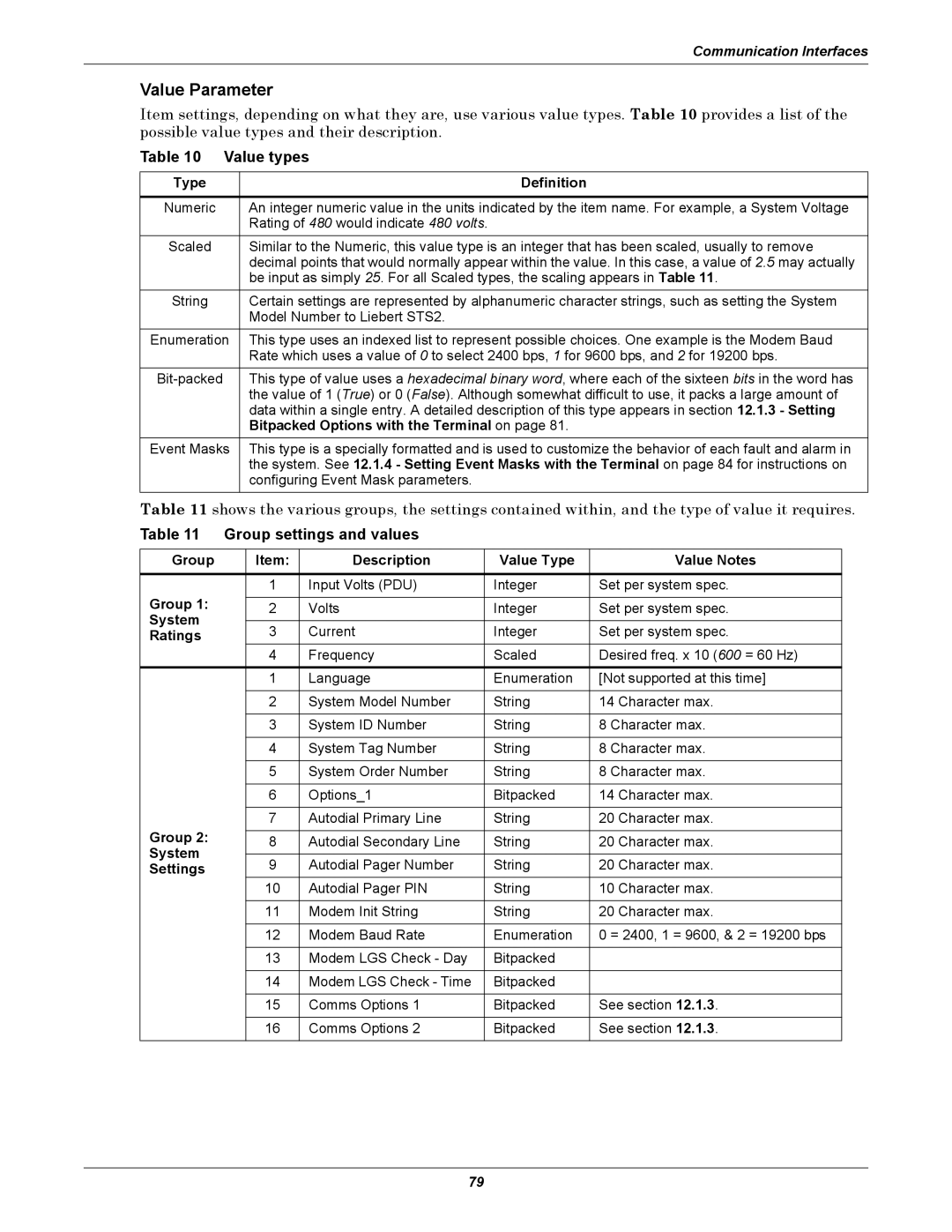 Liebert 100-1000A user manual Value Parameter, Value types, Group settings and values 