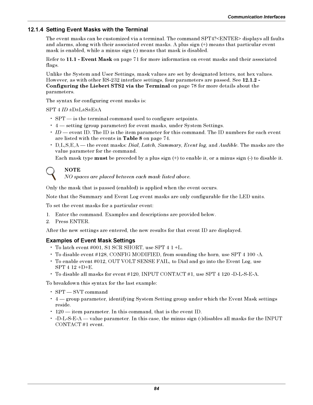 Liebert 100-1000A user manual Setting Event Masks with the Terminal, Examples of Event Mask Settings 