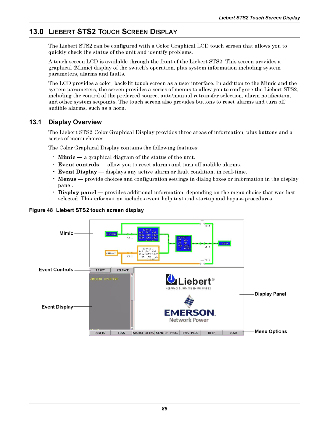 Liebert 100-1000A user manual Display Overview, Liebert STS2 Touch Screen Display 