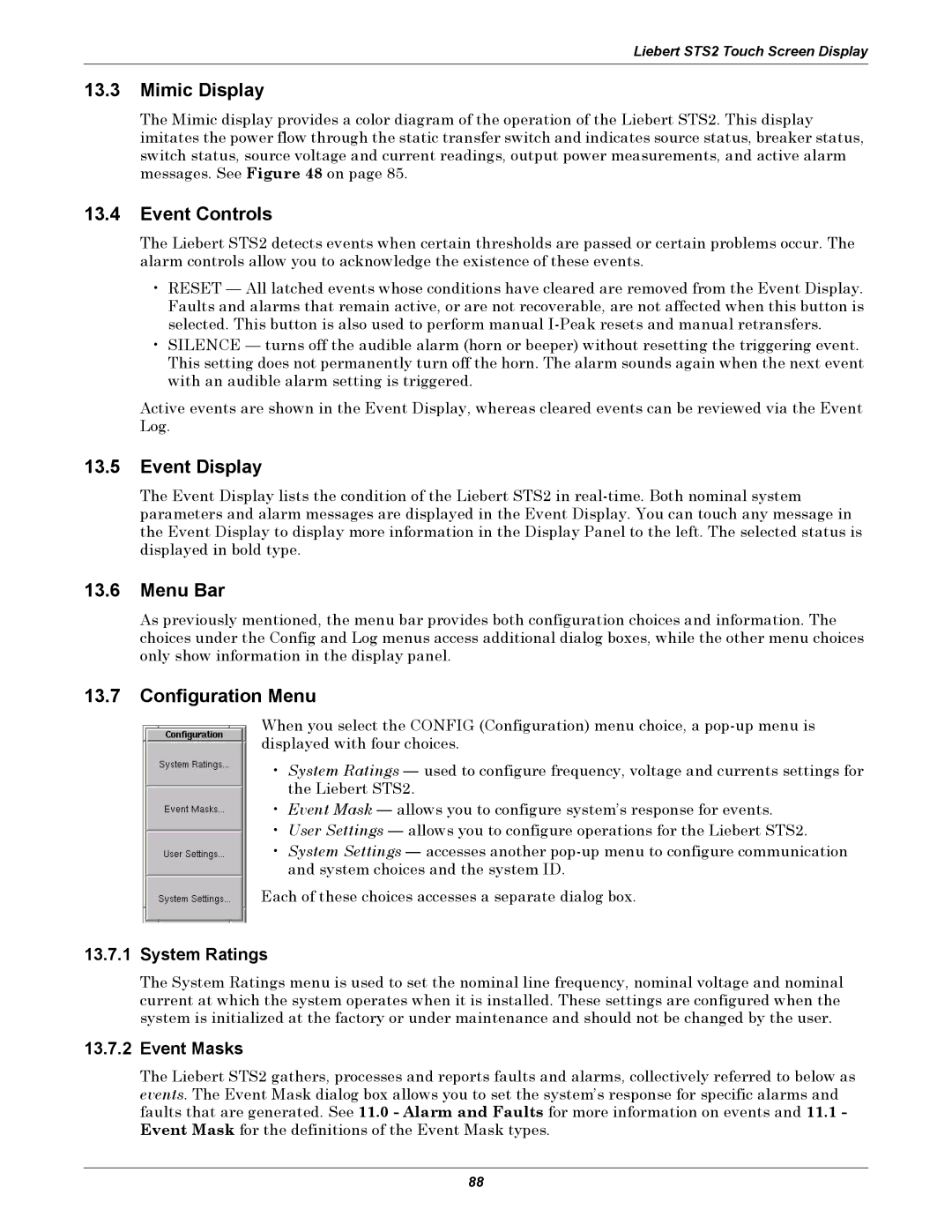 Liebert 100-1000A user manual Mimic Display, Event Controls, Event Display, Menu Bar, Configuration Menu 