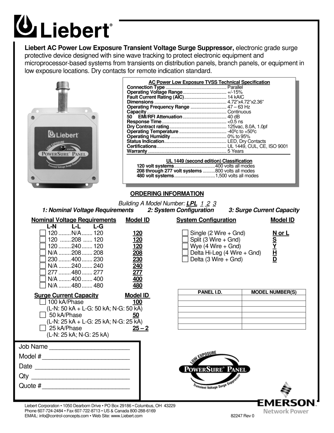 Liebert LPL, 100, 25 - 2 dimensions Job Name Model # Date Qty Quote #, Ordering Information 