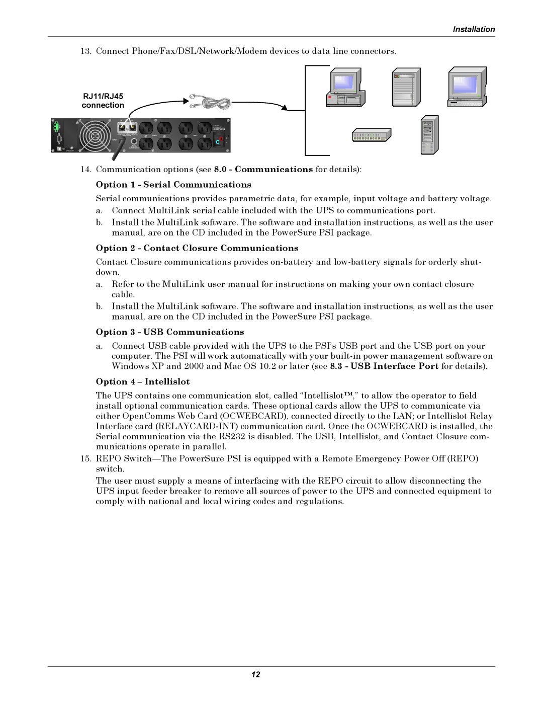 Liebert 1000 - 3000VA 60 Hz 120V user manual Option 1 Serial Communications 