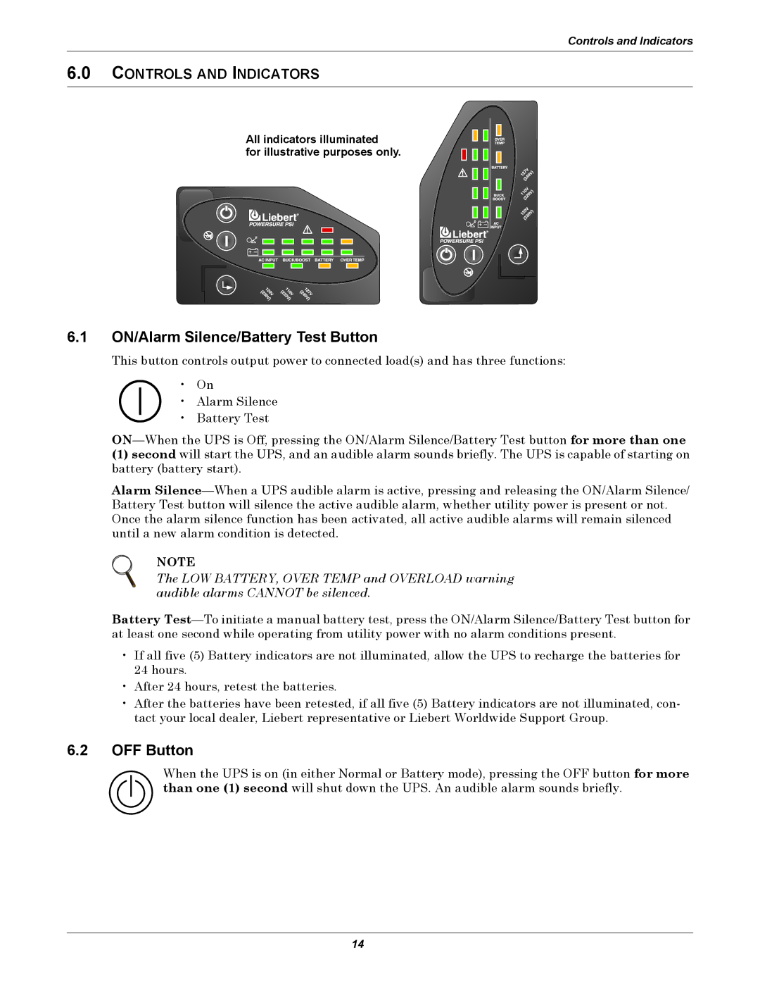 Liebert 1000 - 3000VA 60 Hz 120V user manual ON/Alarm Silence/Battery Test Button, OFF Button, Controls and Indicators 