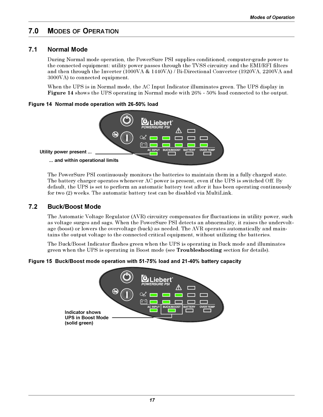 Liebert 1000 - 3000VA 60 Hz 120V user manual Normal Mode, Buck/Boost Mode, Modes of Operation 