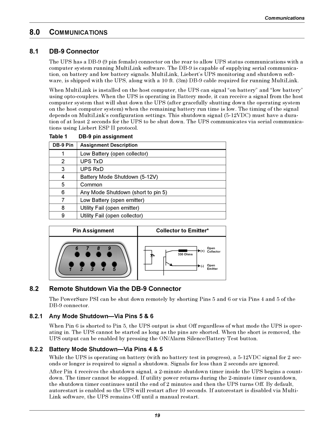 Liebert 1000 - 3000VA 60 Hz 120V user manual Remote Shutdown Via the DB-9 Connector, Communications 