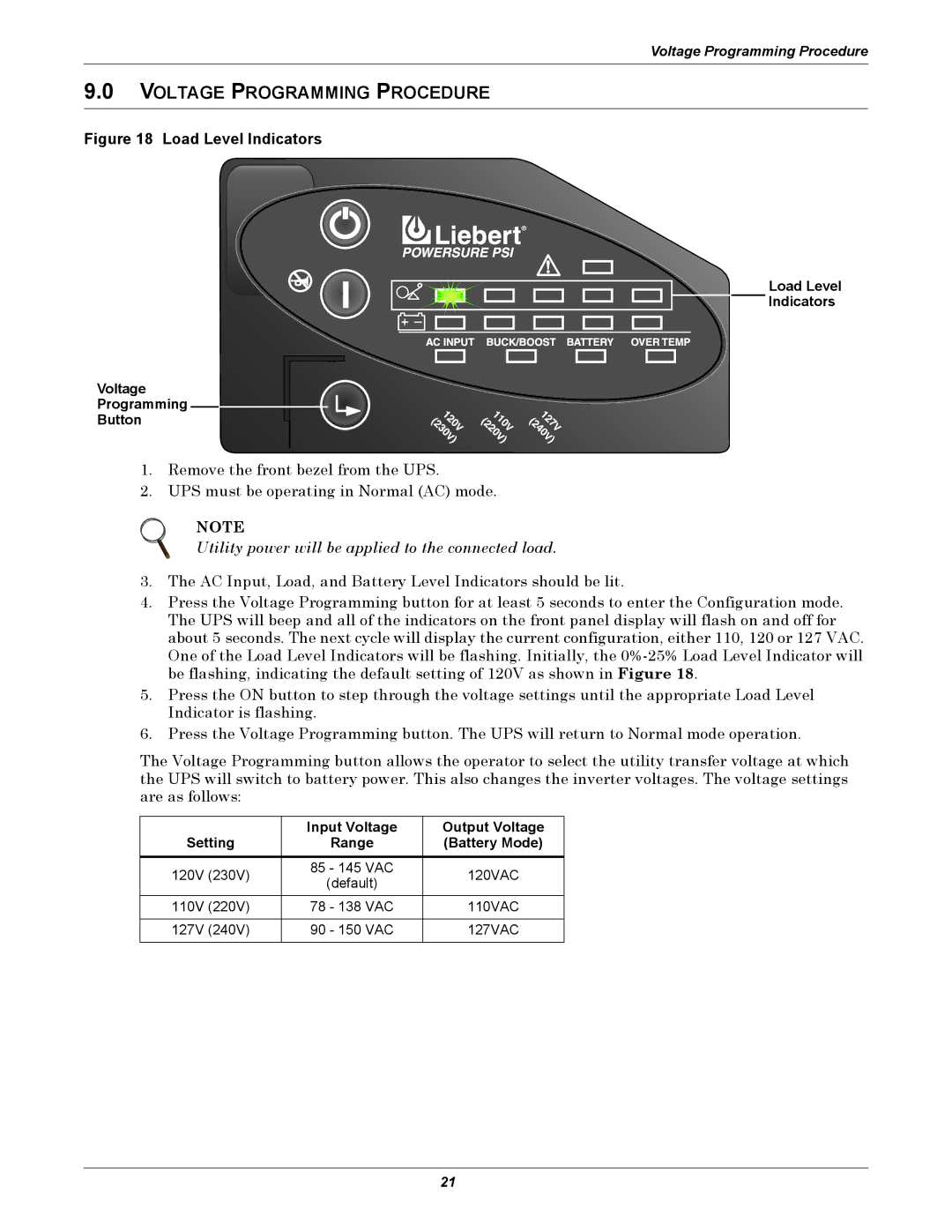 Liebert 1000 - 3000VA 60 Hz 120V Voltage Programming Procedure, Utility power will be applied to the connected load 