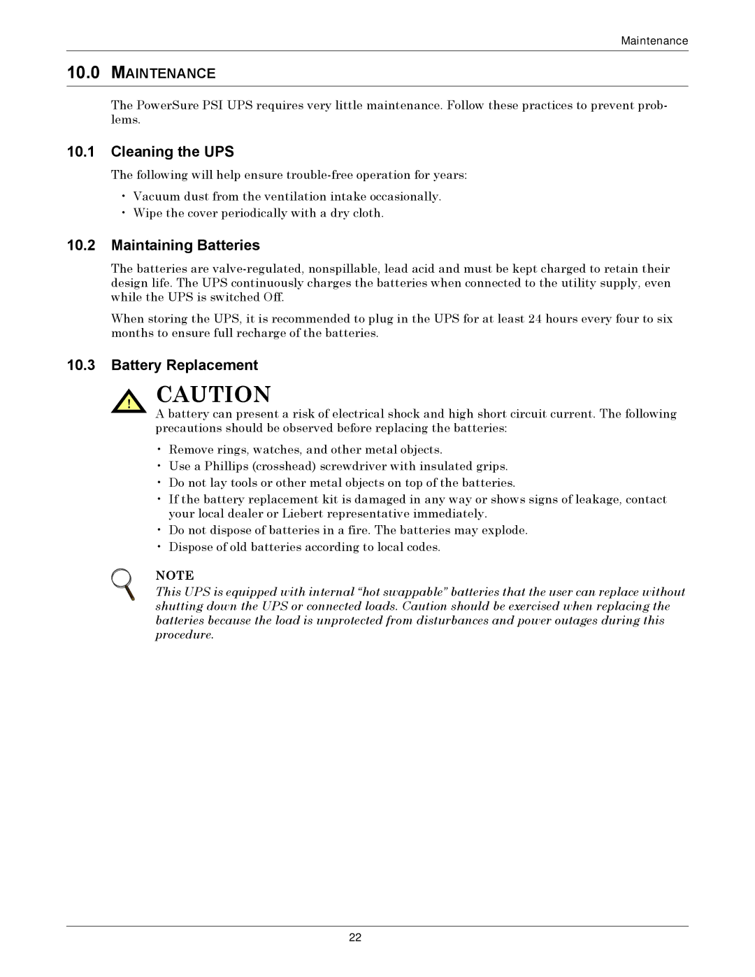 Liebert 1000 - 3000VA 60 Hz 120V user manual Cleaning the UPS, Maintaining Batteries, Battery Replacement, Maintenance 