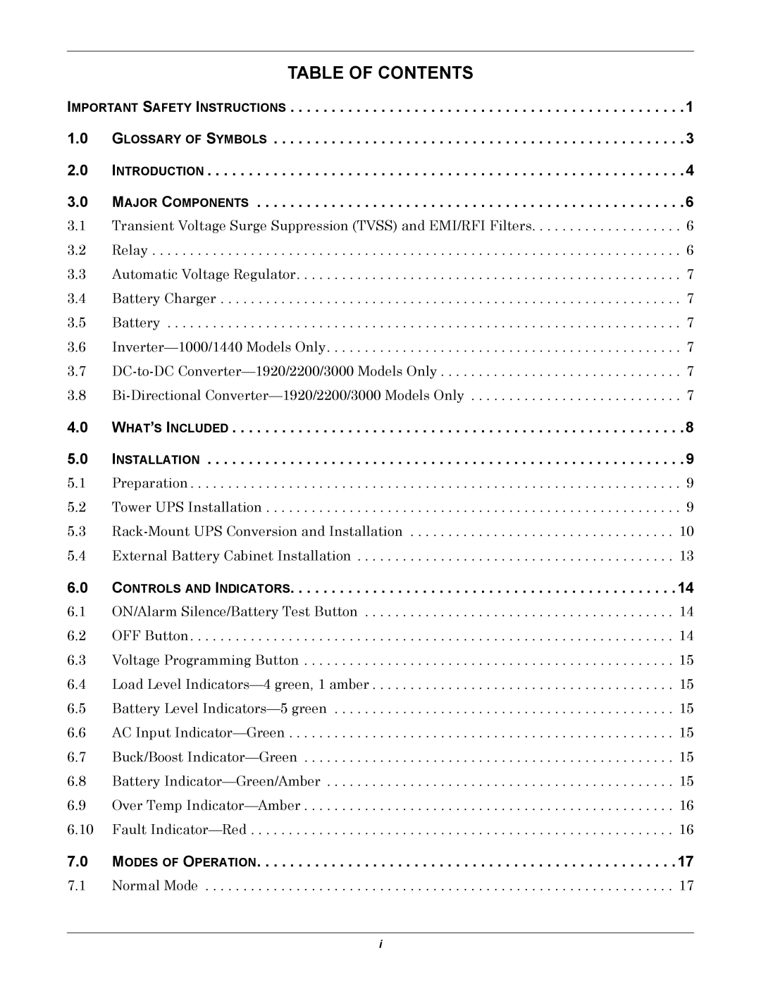 Liebert 1000 - 3000VA 60 Hz 120V user manual Table of Contents 