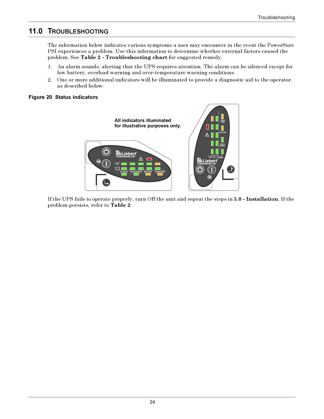 Liebert 1000 - 3000VA 60 Hz 120V user manual Troubleshooting, Status indicators 