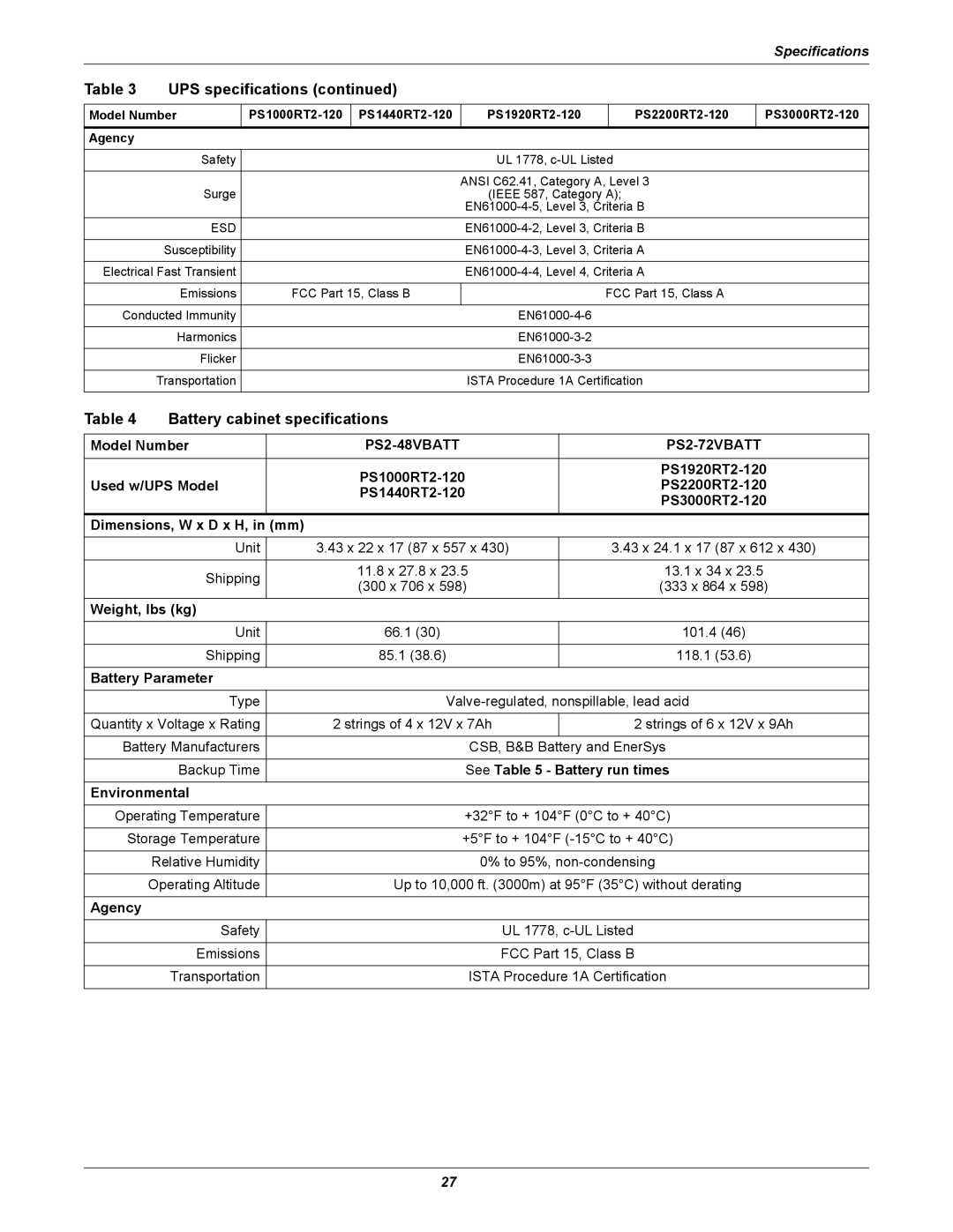 Liebert 1000 - 3000VA 60 Hz 120V user manual Battery cabinet specifications 