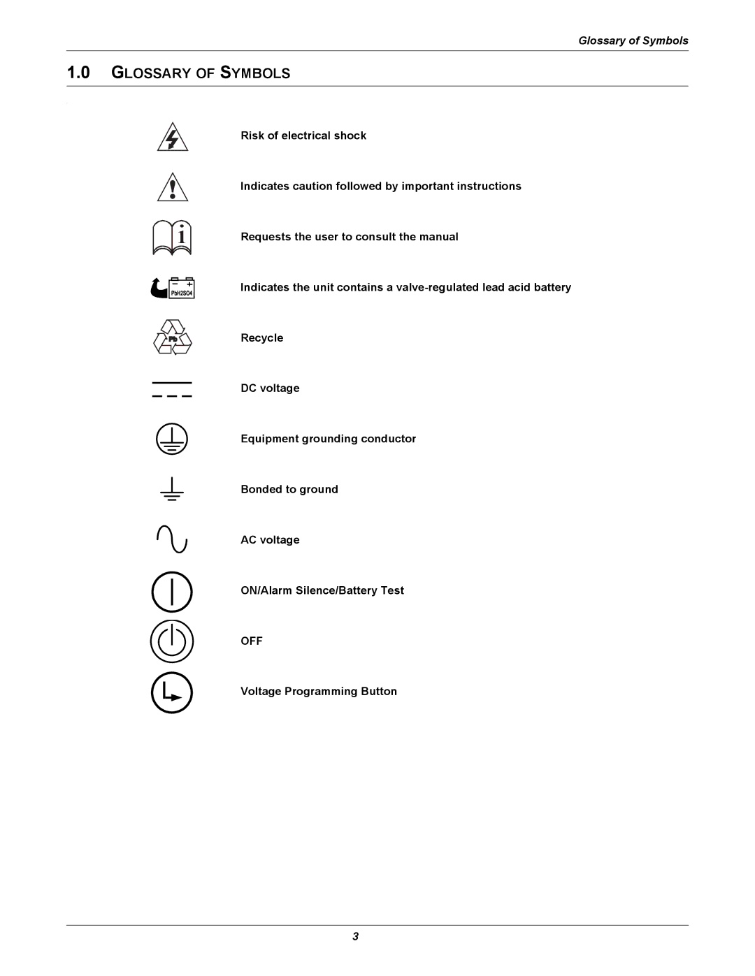 Liebert 1000 - 3000VA 60 Hz 120V user manual Glossary of Symbols 