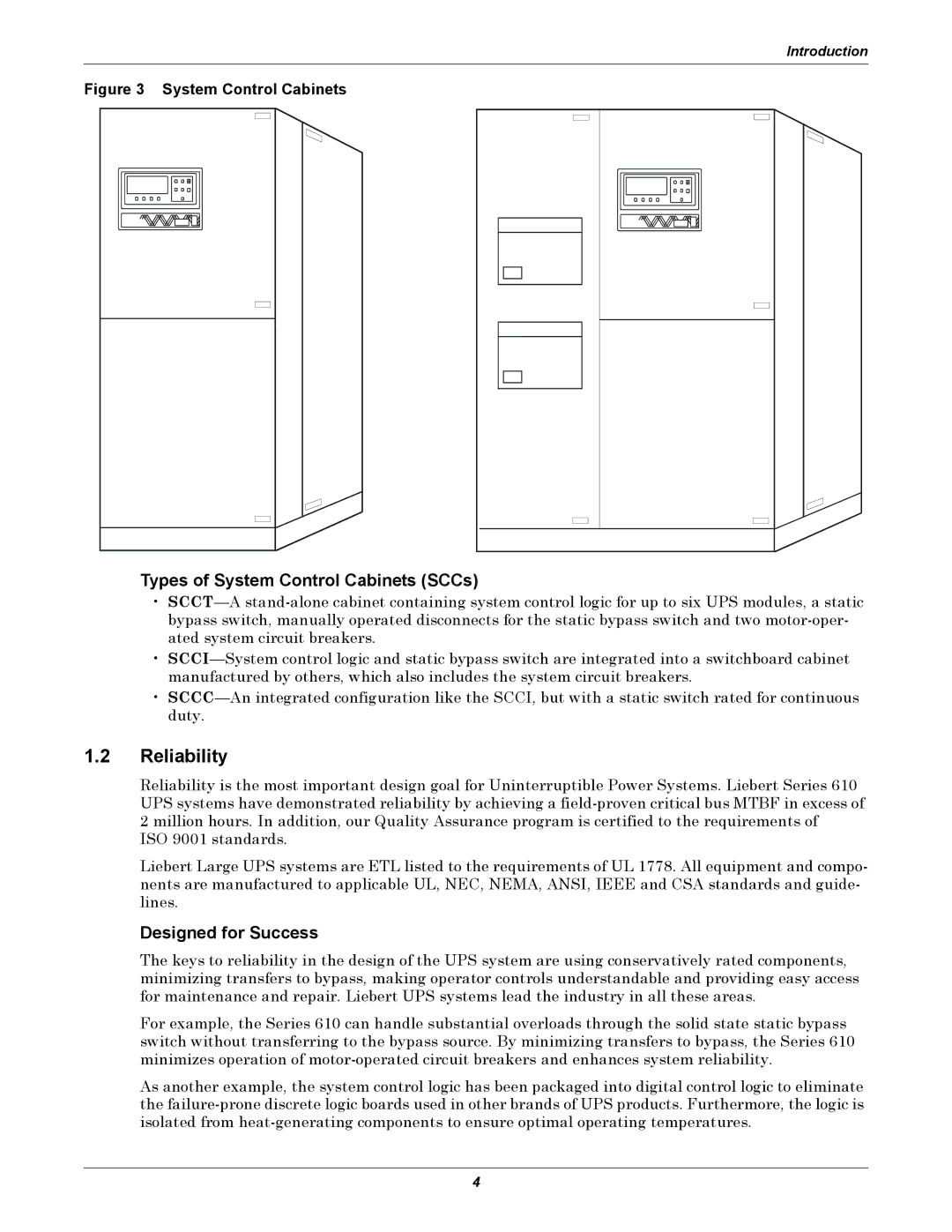 Liebert 1000kVA manual Reliability, Types of System Control Cabinets SCCs, Designed for Success 