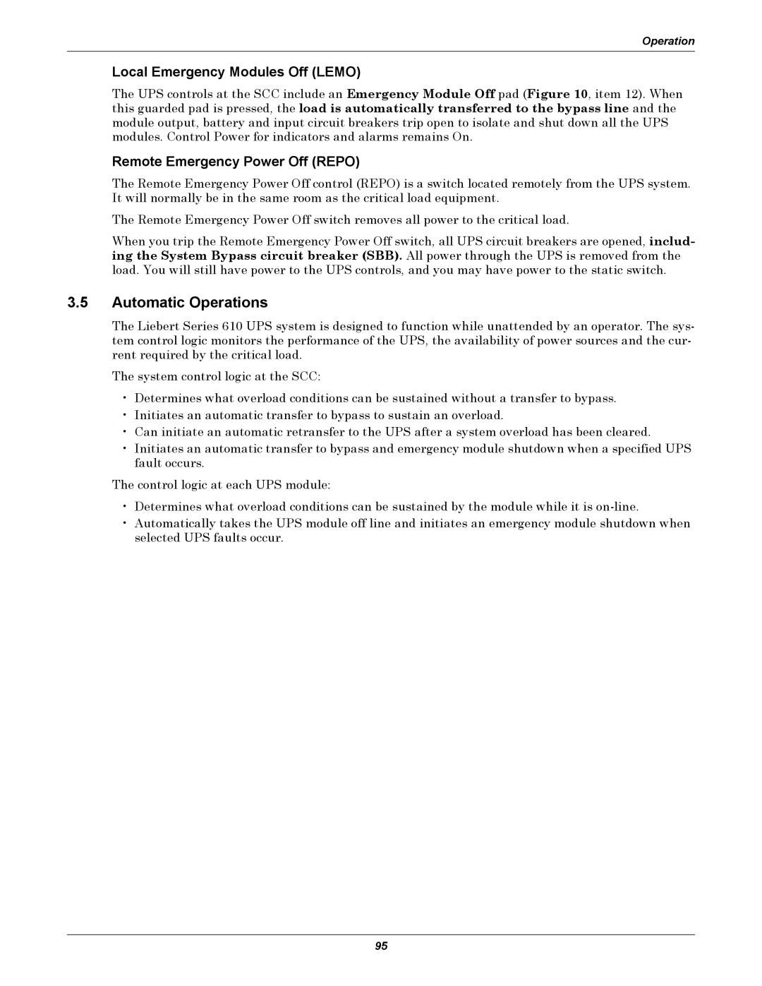 Liebert 1000kVA manual Automatic Operations, Local Emergency Modules Off Lemo, Remote Emergency Power Off Repo 